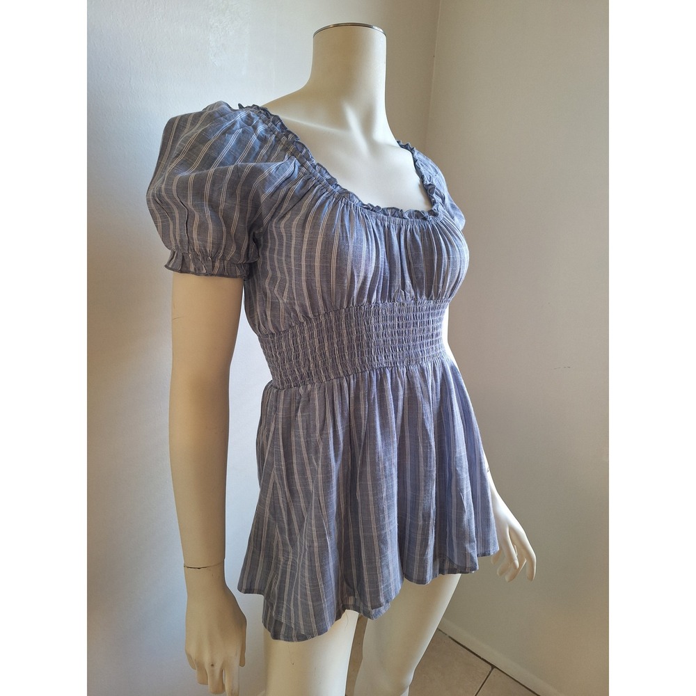 Indulge Blue White Striped Smocked‎ Romper Puff Sleeve Cottagecore Small NEW - Picture 3 of 7